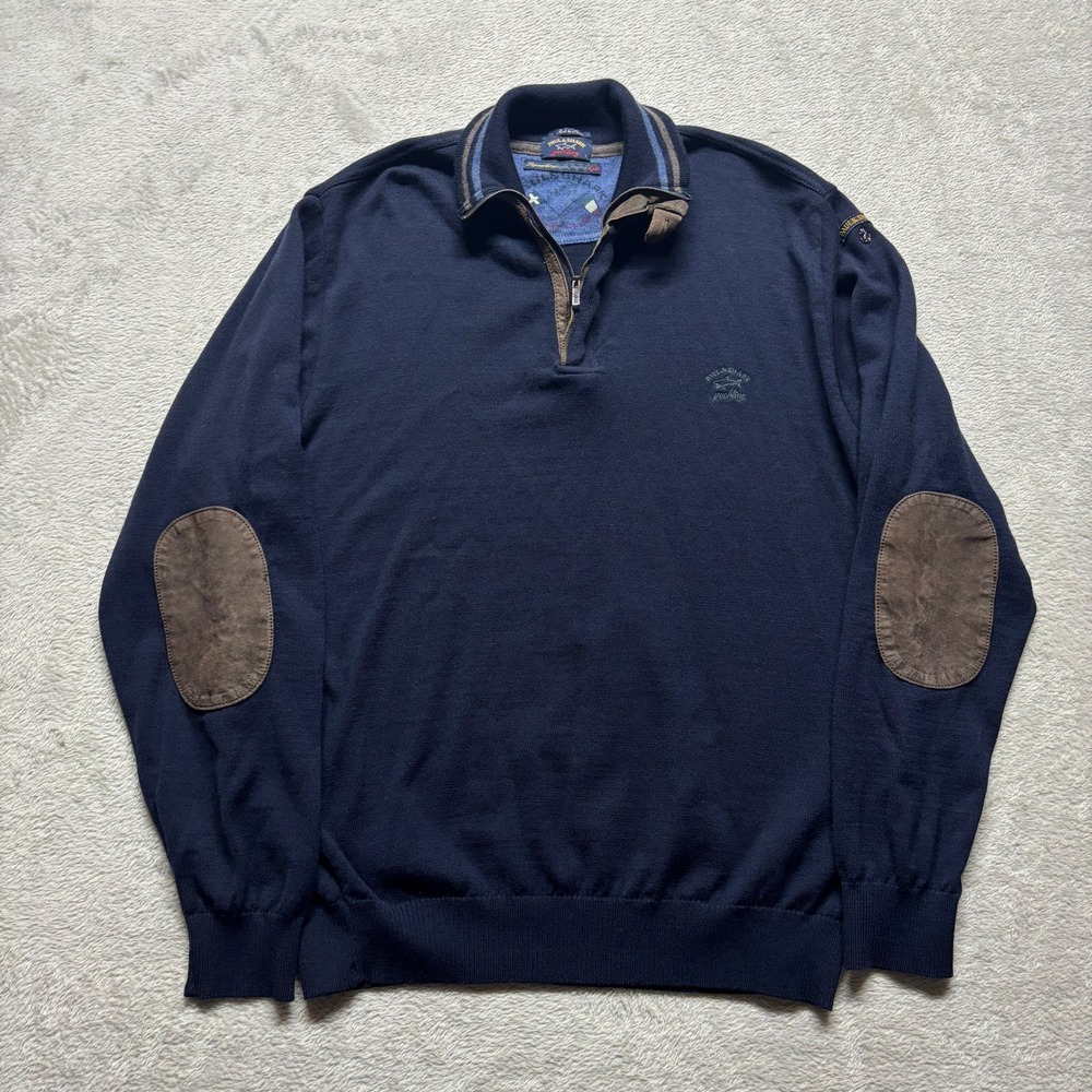 Paul & Shark Wool Pullover Mens L Supermelange Cool Touch Navy Elbow Patch EUC
